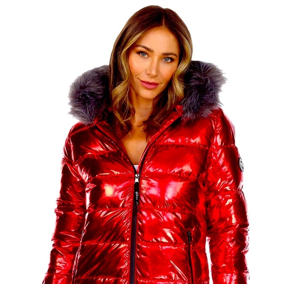 metallic red puffer jacket